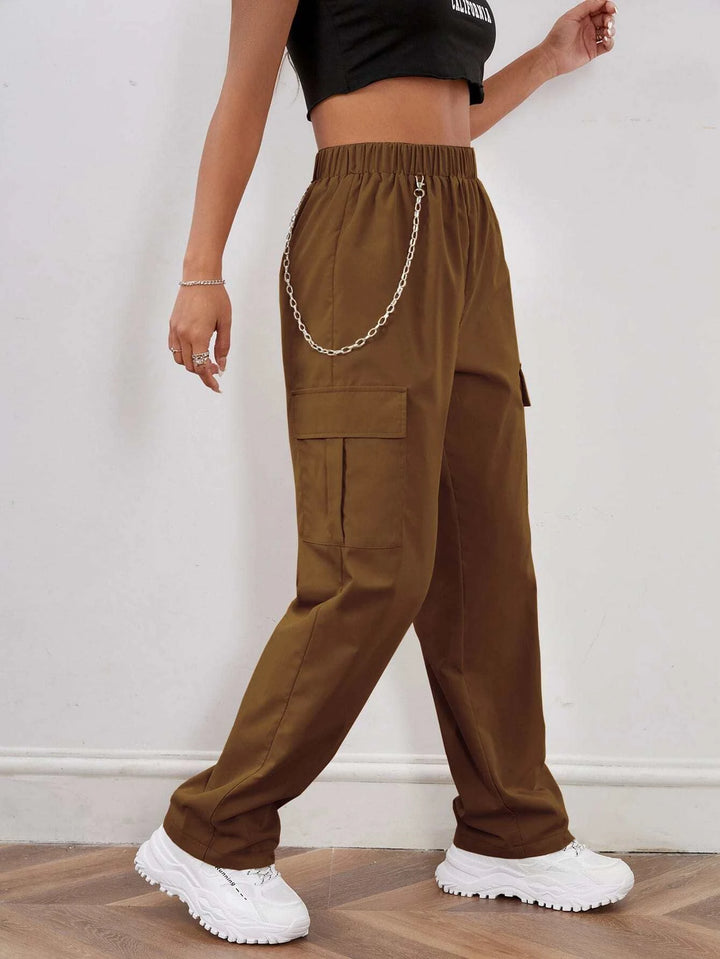 Elastic Waist Cargo Pants With Chain