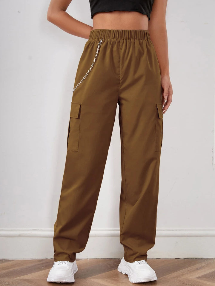 Elastic Waist Cargo Pants With Chain