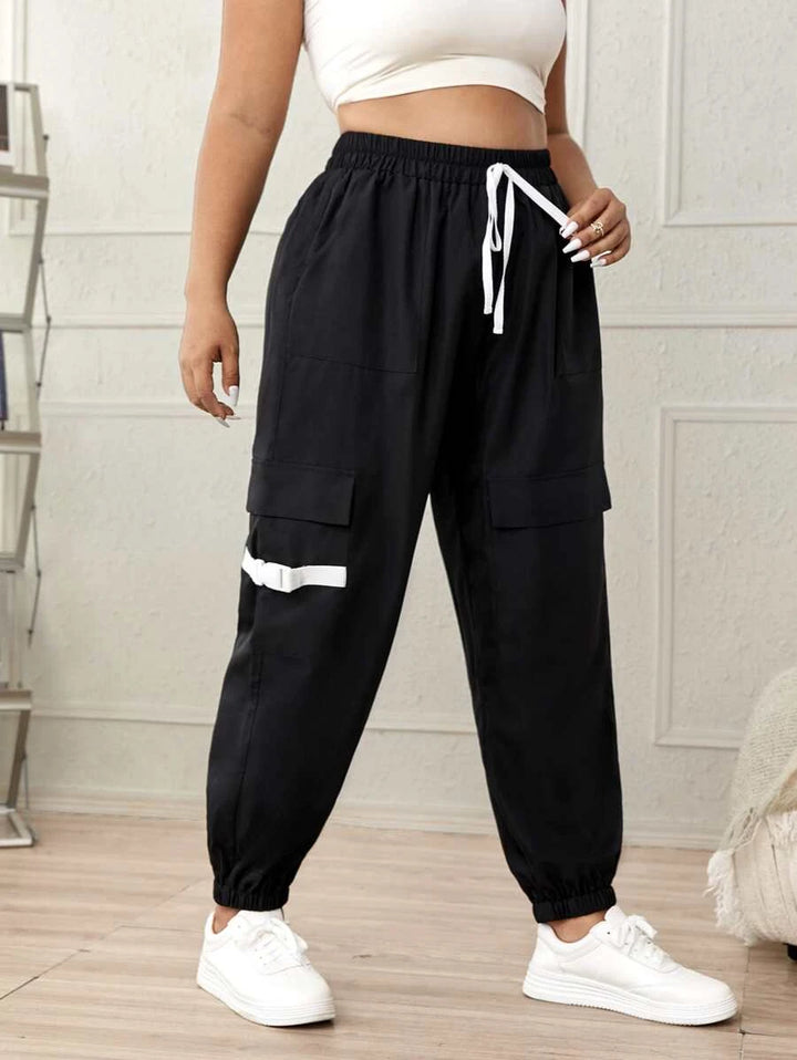 Flap Pocket Side Drawstring Waist Cargo Pants