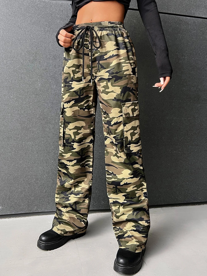 Drawstring Waist Camo Print Cargo Pants