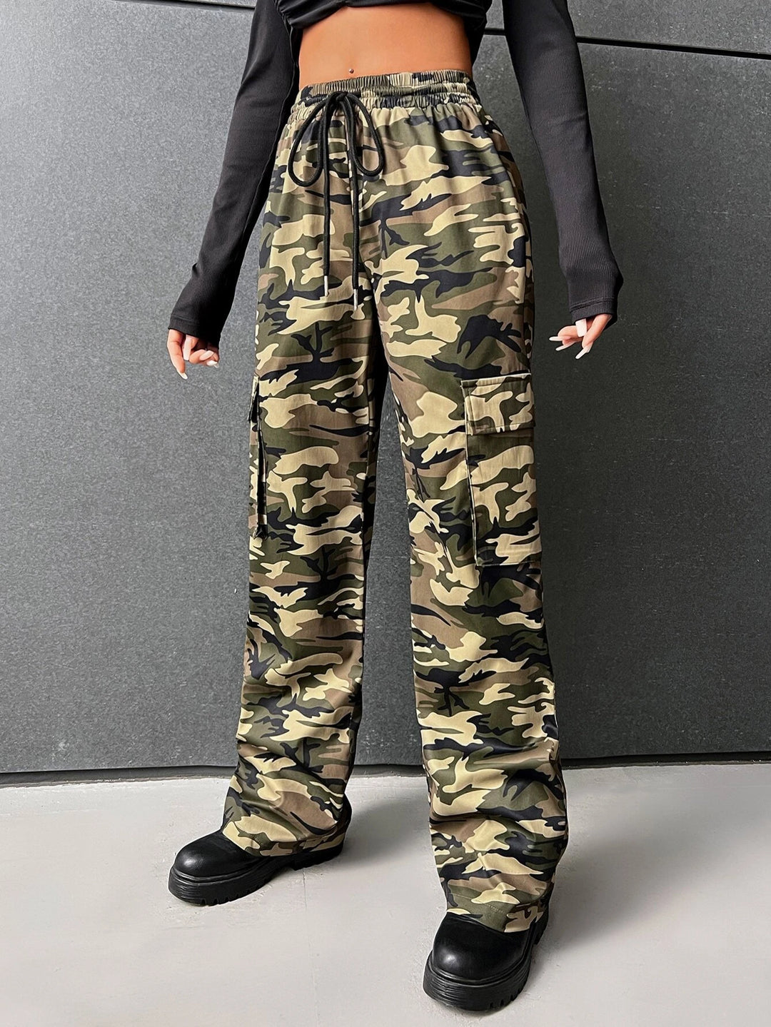 Drawstring Waist Camo Print Cargo Pants