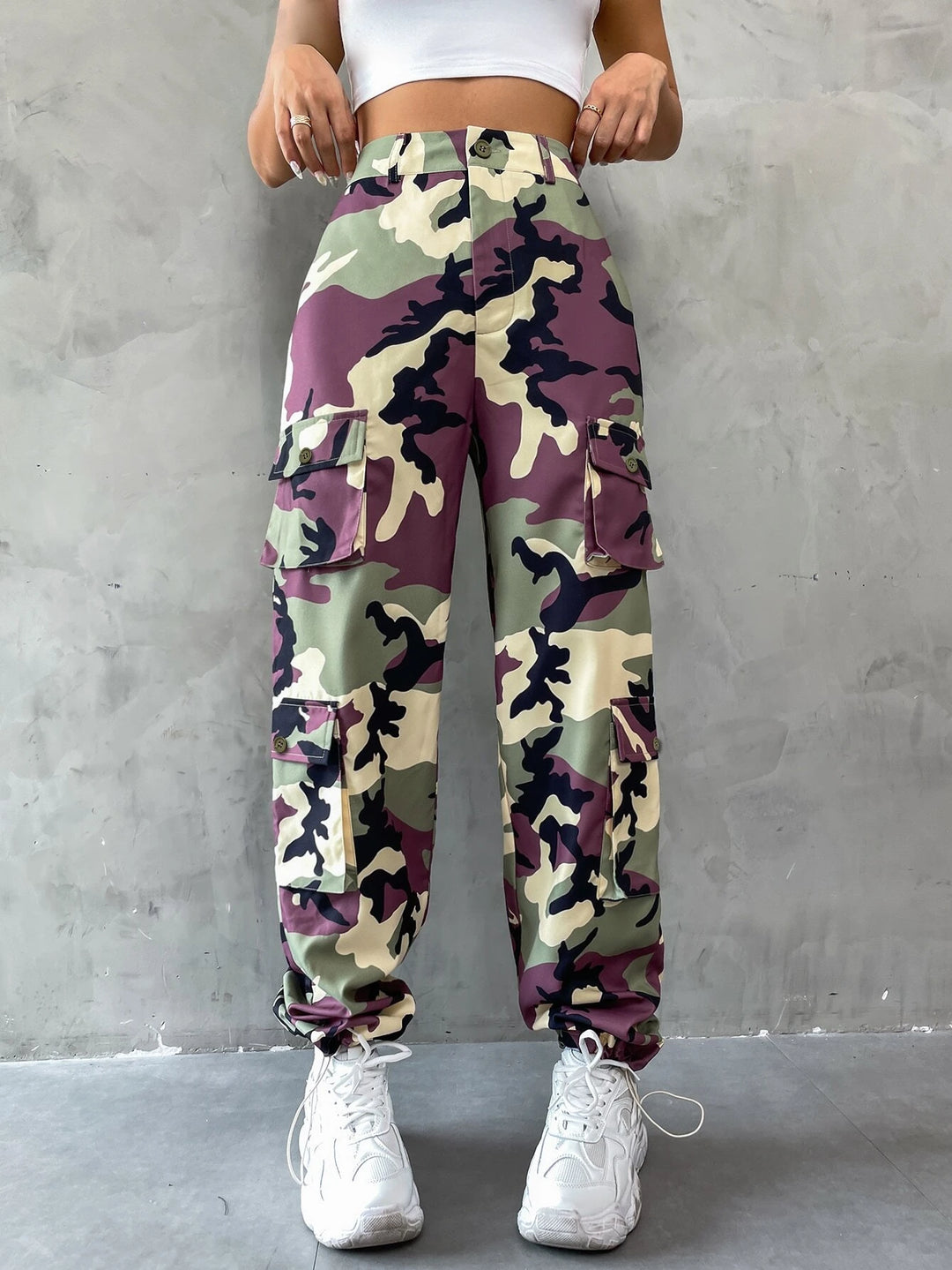 Printed Flap Pocket Camo Cargo Pants