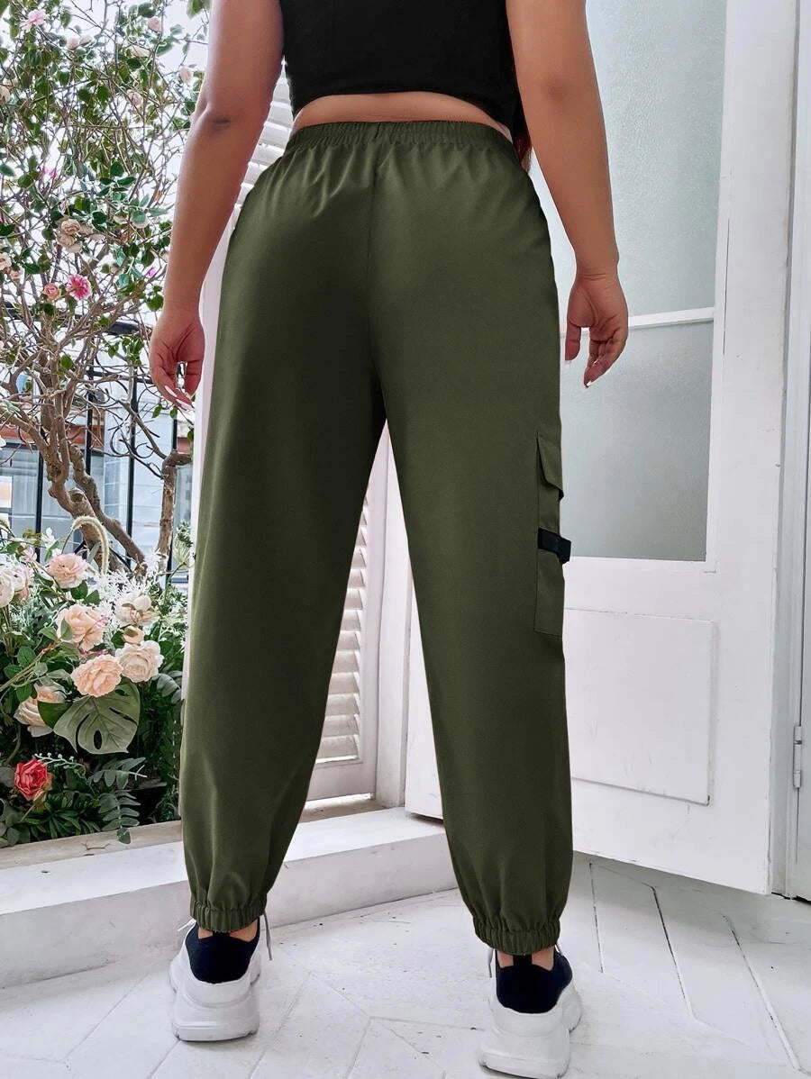 Flap Pocket Side Drawstring Waist Cargo Pants