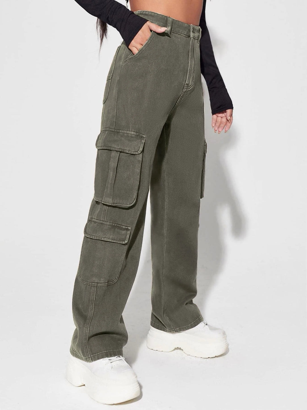High Waisted Flap Pocket Cargo Jean