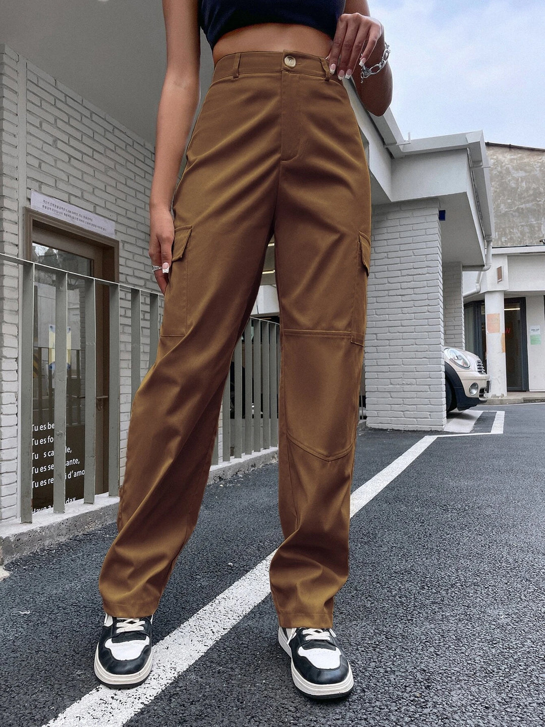 High Waist Flap Pocket Side Cargo Pants