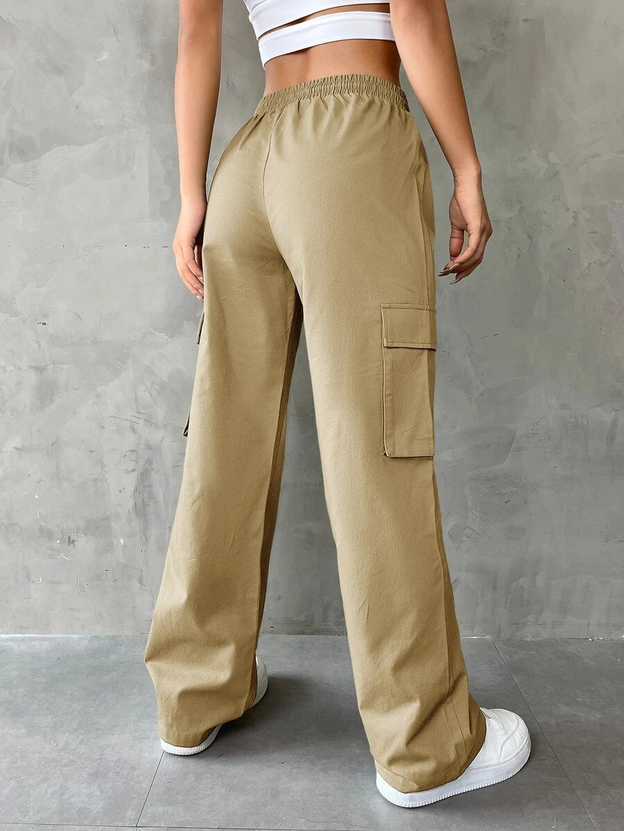 Side Pocket Flap Drawstring Waist Cargo Pants