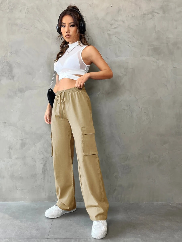 Side Pocket Flap Drawstring Waist Cargo Pants