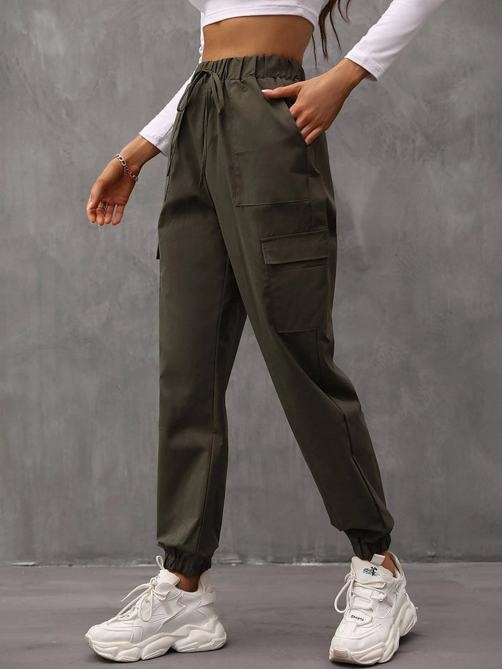 Drawstring Waist Flap Pocket Cargo Pants