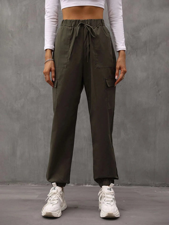 Drawstring Waist Flap Pocket Cargo Pants