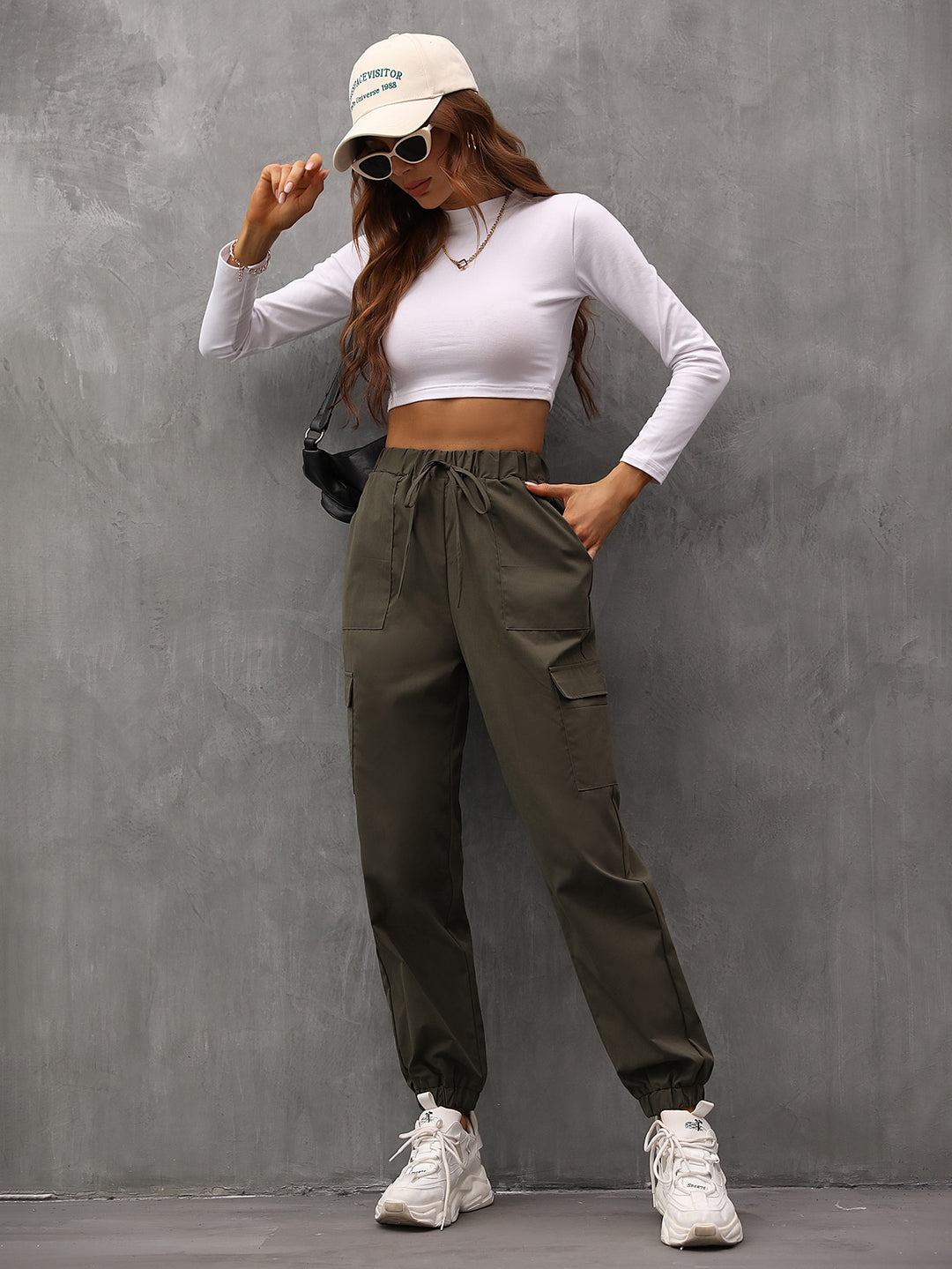 Drawstring Waist Wide Leg Parachute Cargo Jogger Pants