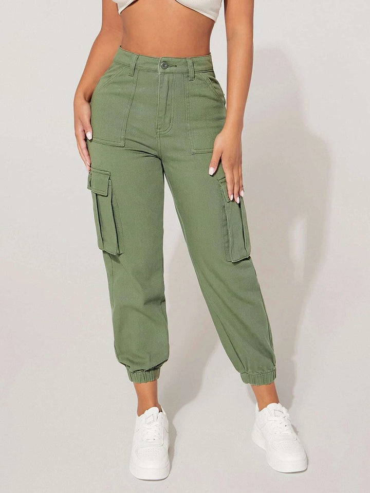 Plain High Waist Flap Pocket Cargo Jeans