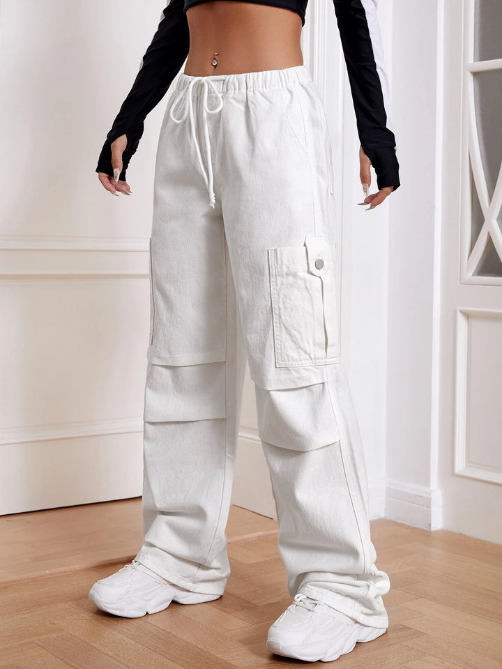 Drawstring Cargo Jeans With Pockets