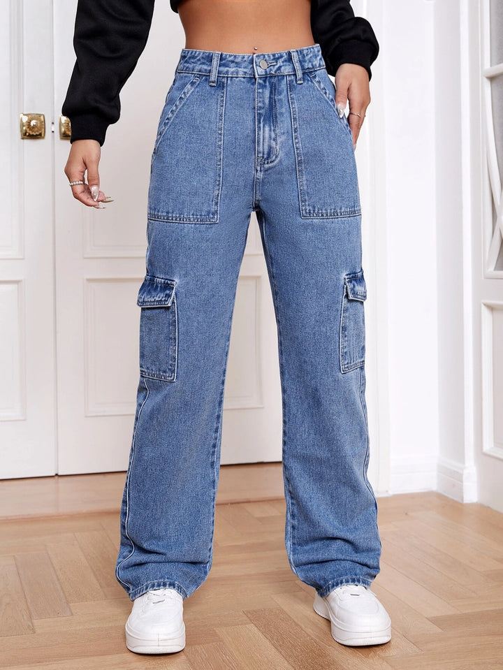 High Flap Pocket Whip Stitch Cargo Jeans