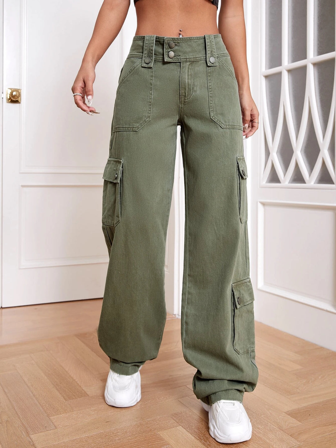 Plain Non-Stretch Flap Pocket Cargo Jeans