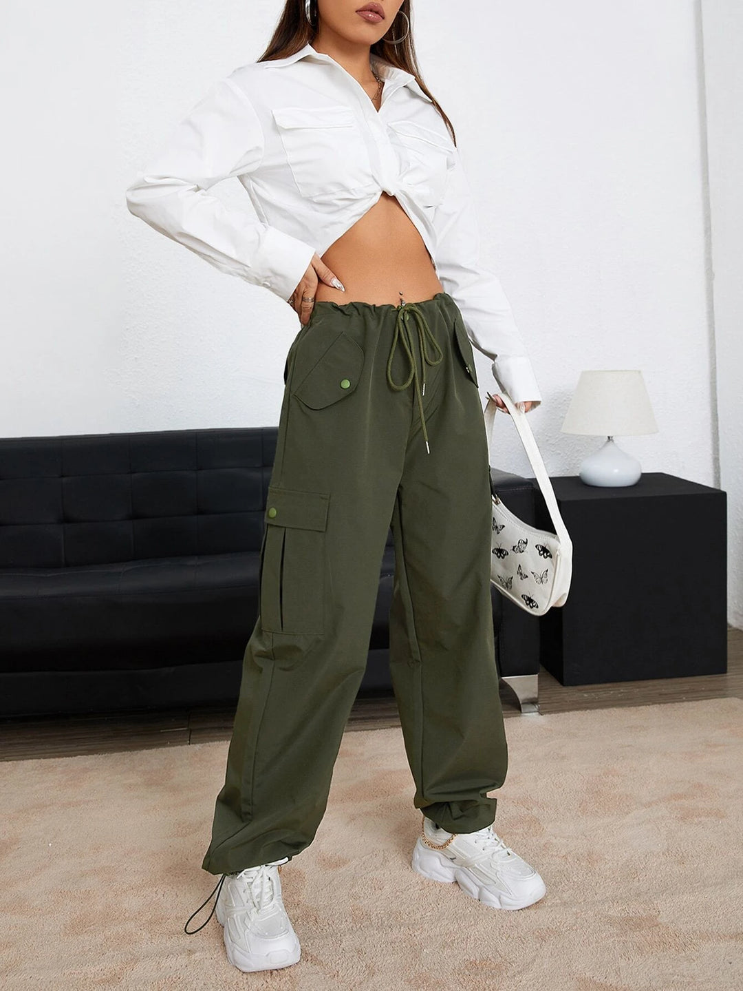 Long Drawstring Waist Parachute Pants