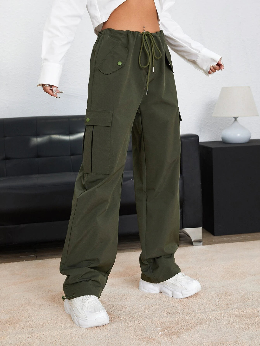 Flap Pocket Drawstring Waist Parachute Pants