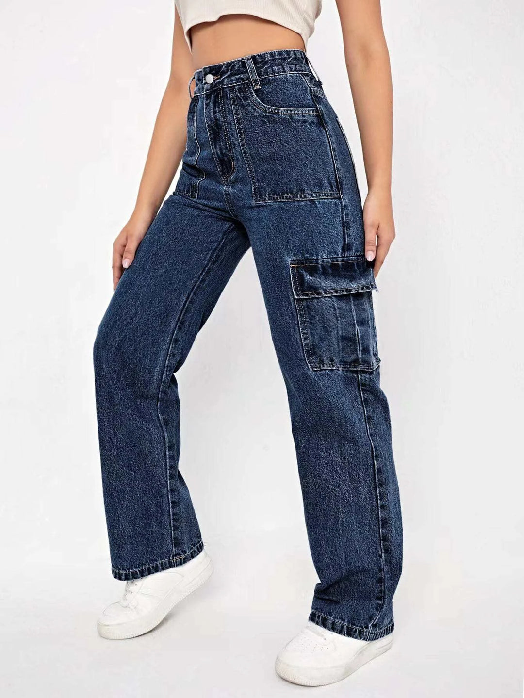 High Waist Button Cargo Jean