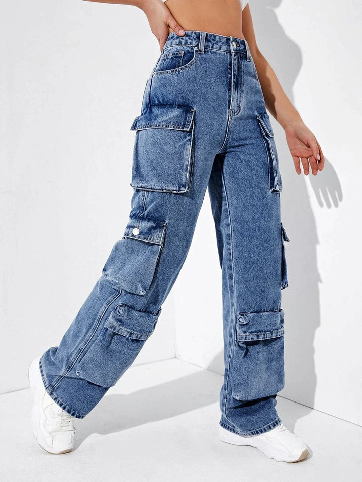 Easy Wear High Waisted Flap Pocket Cargo Jeans