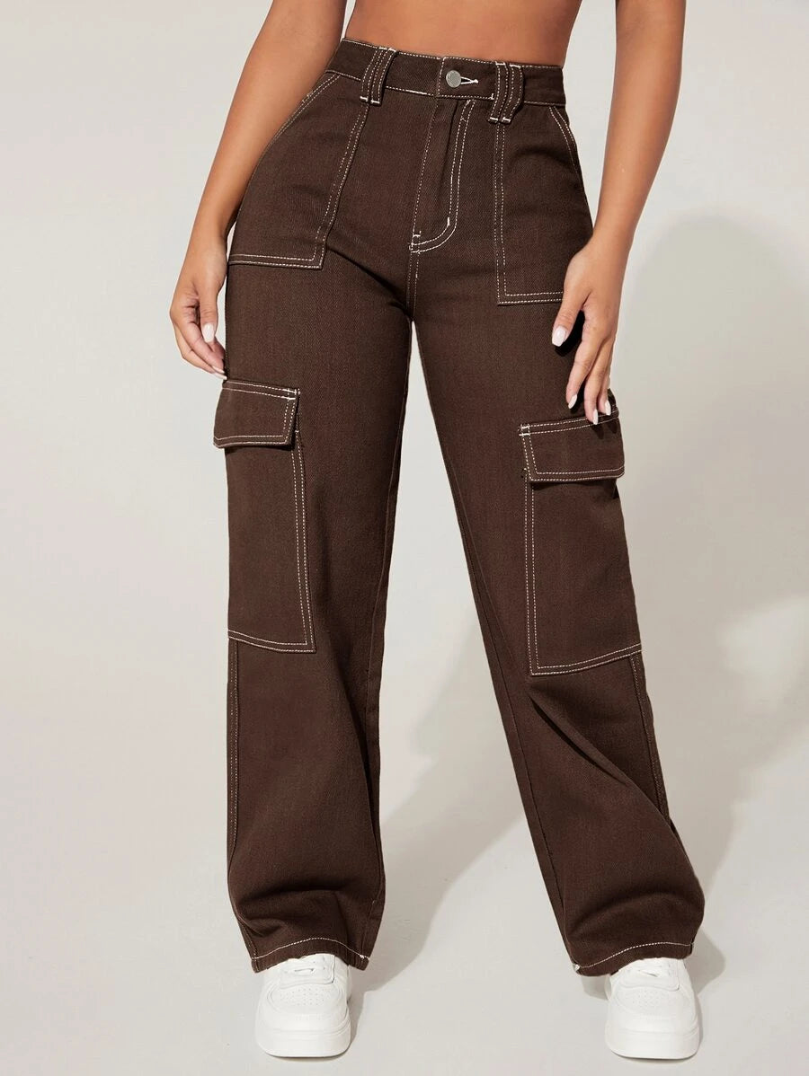 High Waist Denim Flap Pocket Cargo Jeans