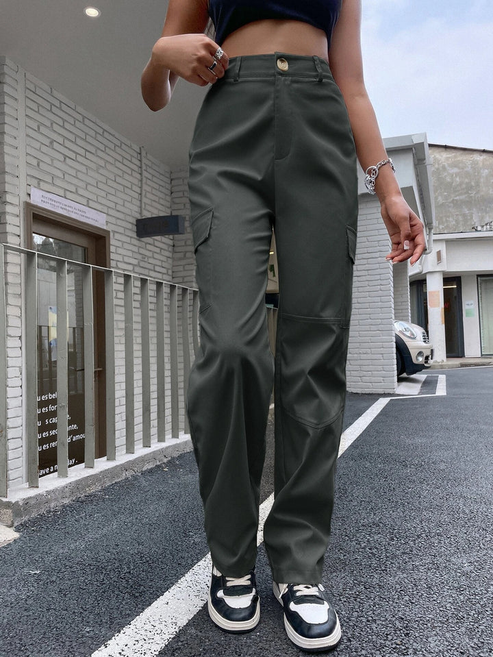 High Waist Flap Pocket Side Cargo Pants