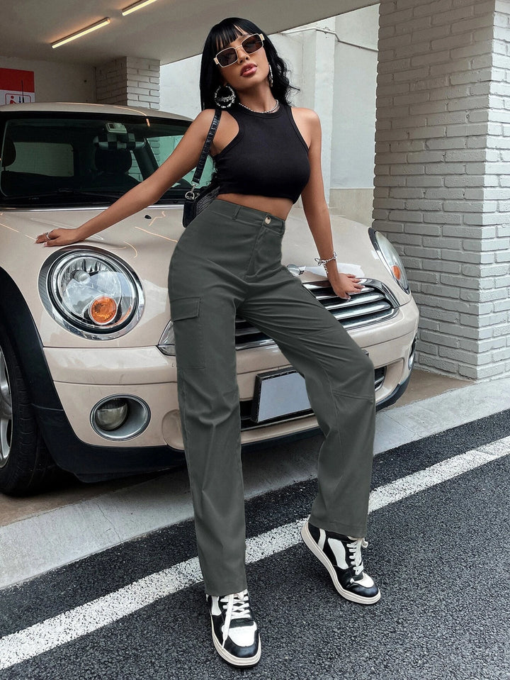 High Waist Flap Pocket Cargo Pants