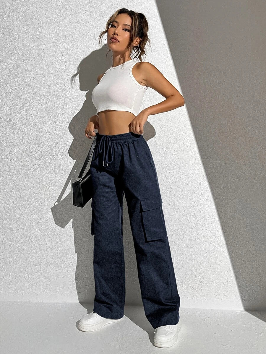 Side Pocket Flap Drawstring Waist Cargo Pants