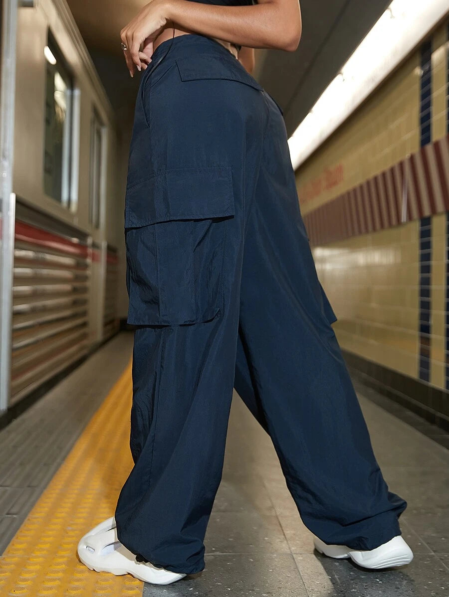 Drawstring Waist Wide Leg Parachute Cargo Jogger Pants