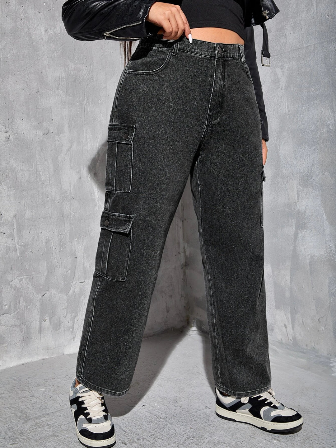 Side Flap Pocket High Waist Cargo Jeans