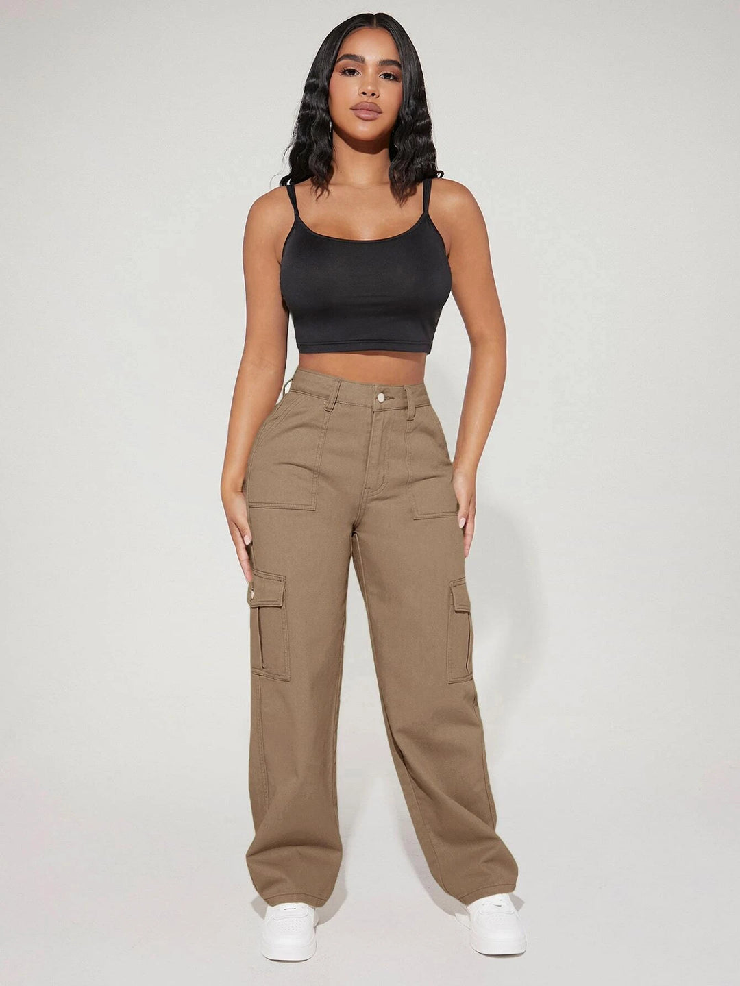 High Waist Flap Pocket Side Cargo Jeans