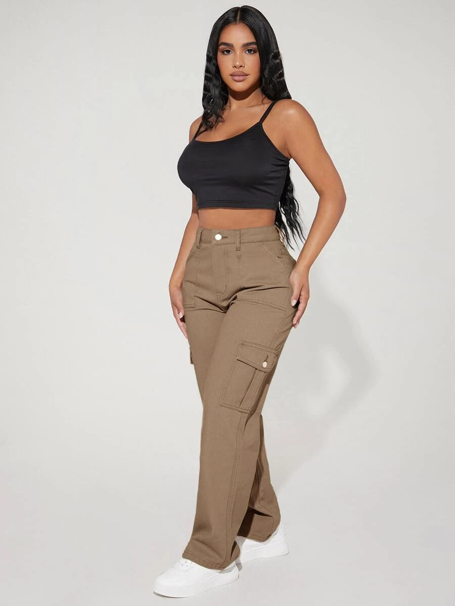 High Waist Flap Pocket Side Cargo Jeans