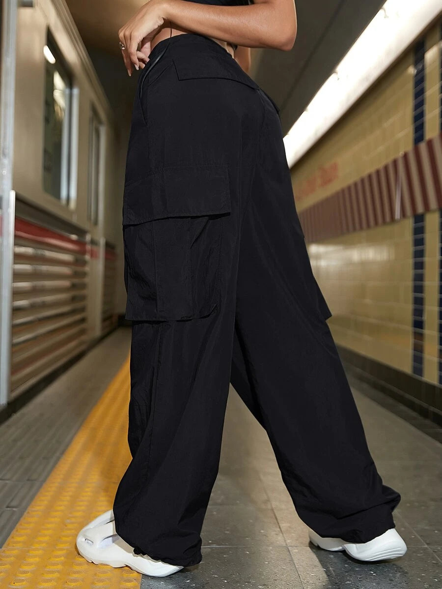 Drawstring Waist Wide Leg Parachute Cargo Jogger Pants