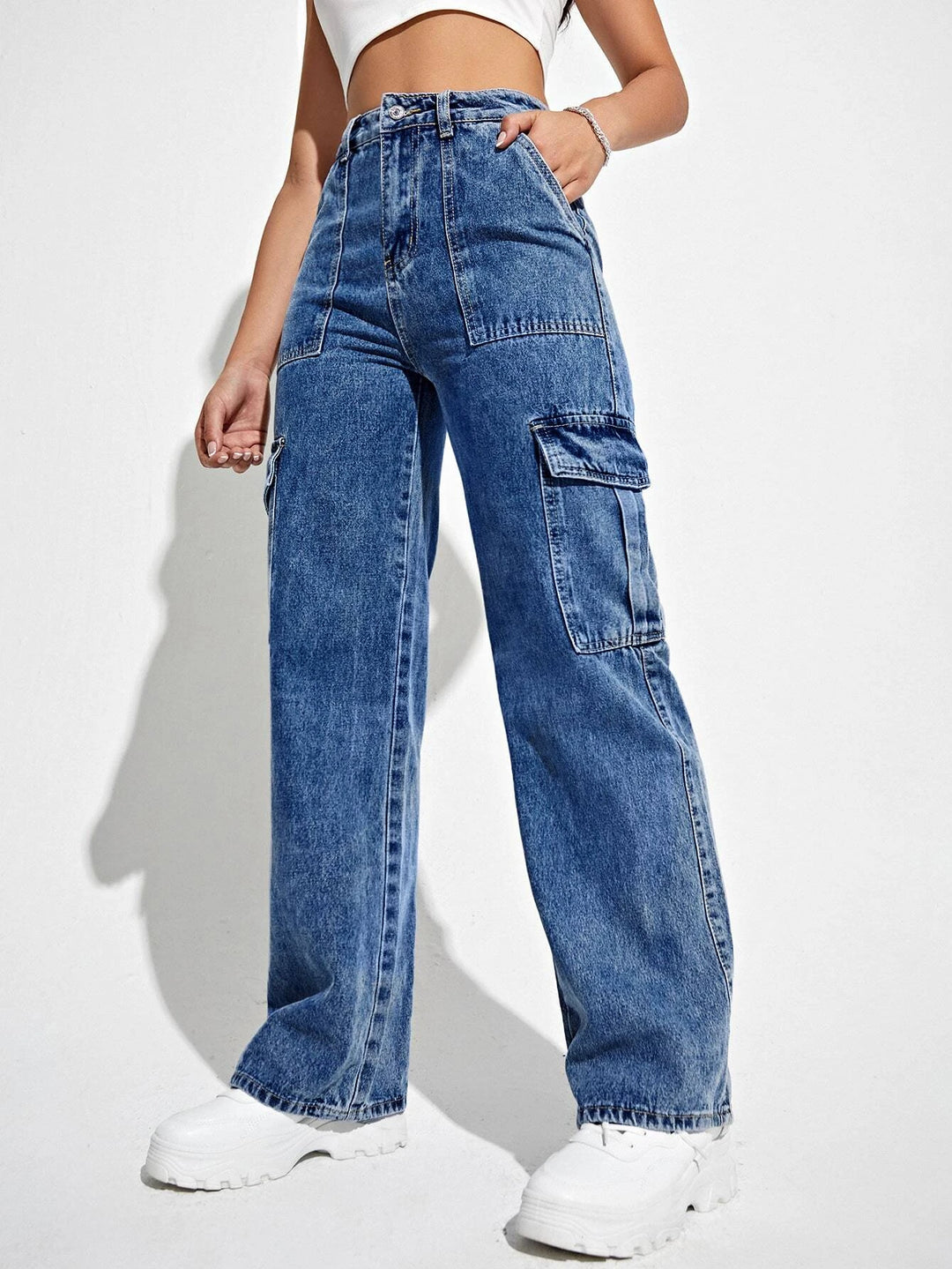 High Waisted Flap Pockets Cargo Jeans