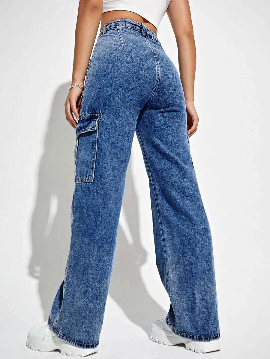 Denim High Waisted Flap Side Pocket Cargo Jeans