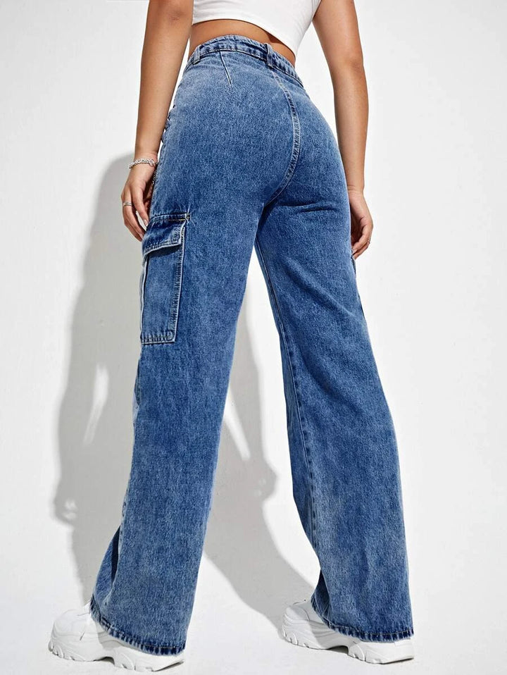 Denim High Waisted Flap Side Pocket Cargo Jeans