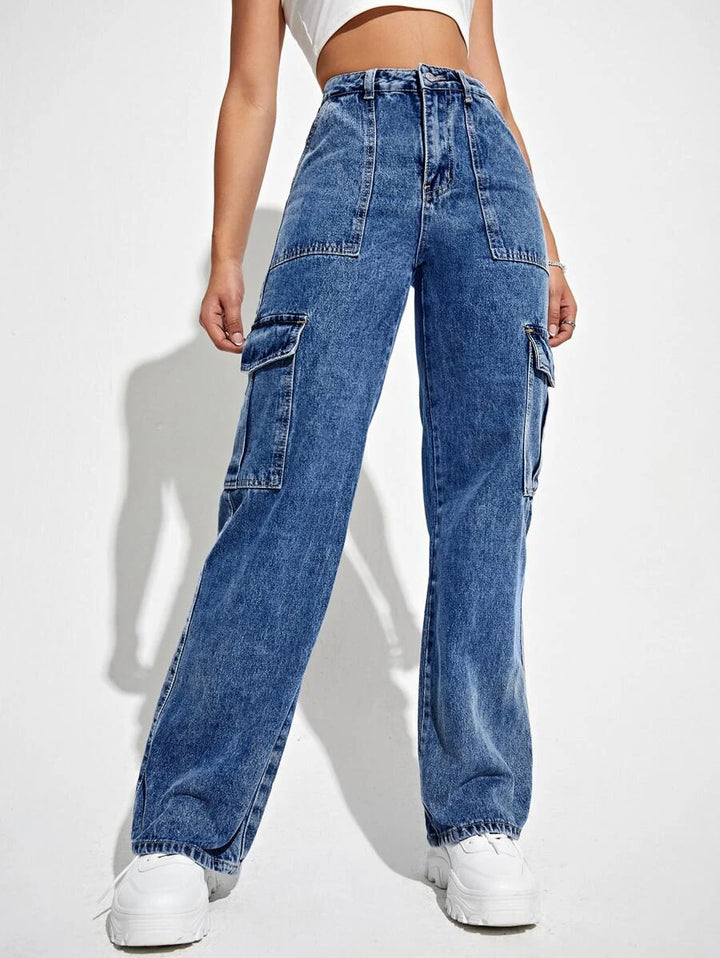 Denim High Waisted Flap Side Pocket Cargo Jeans