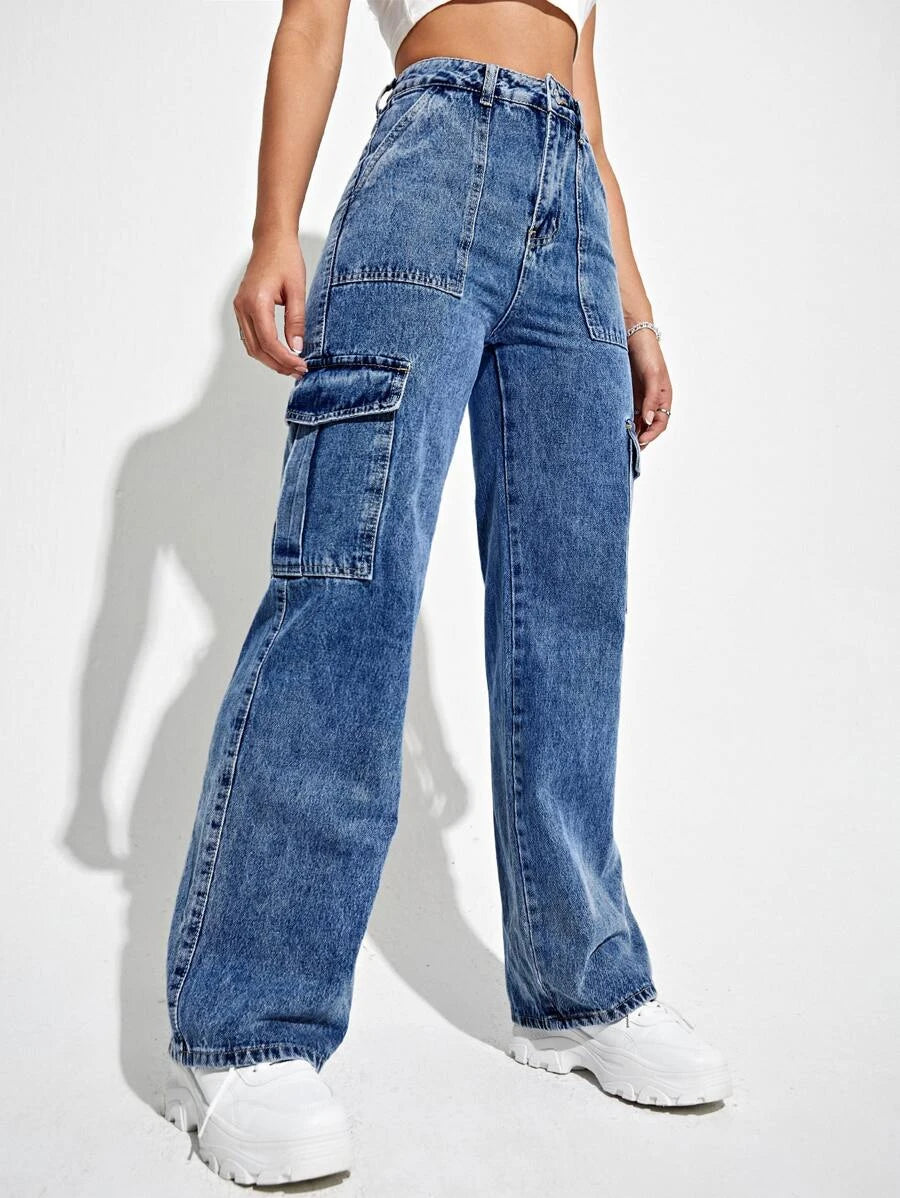 Denim High Waisted Flap Side Pocket Cargo Jeans