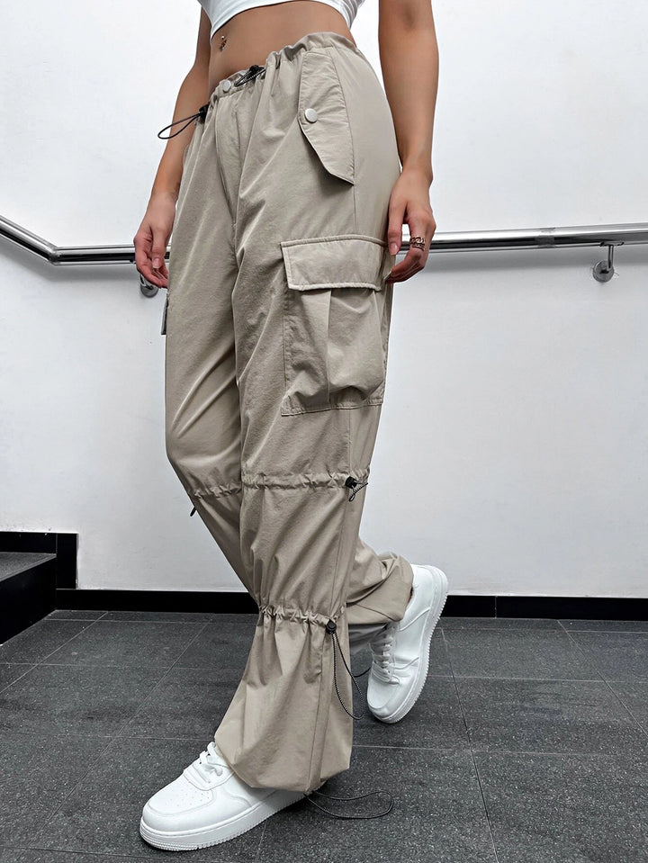 Drawstring Detail Flap Pocket Parachute Cargo Pants