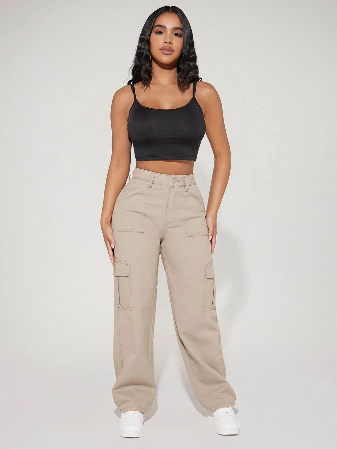 High Waist Flap Pocket Side Cargo Jeans