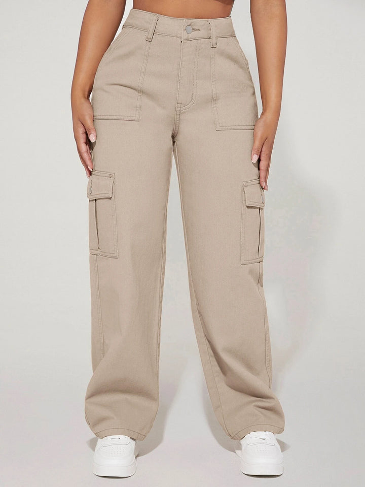 High Waist Flap Pocket Cotton Cargo Jeans