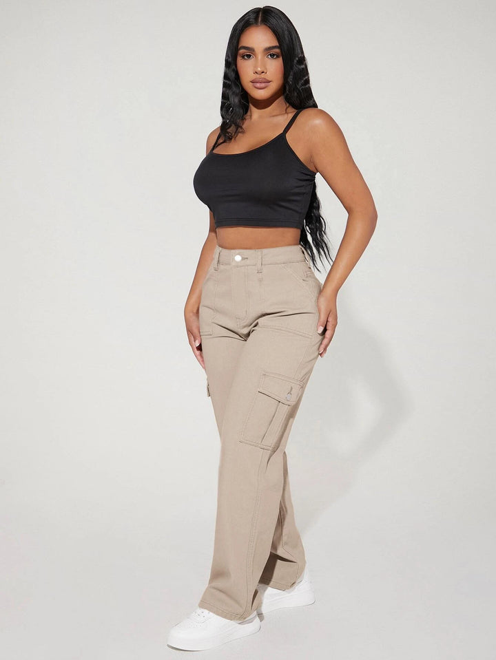 High Waist Flap Pocket Cotton Cargo Jeans