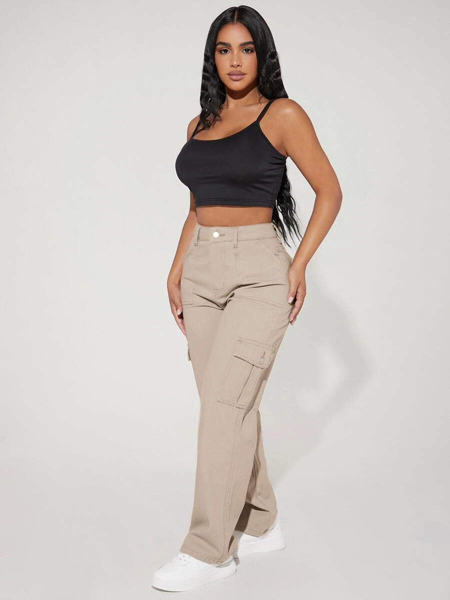 High Waist Flap Pocket Side Cargo Jeans