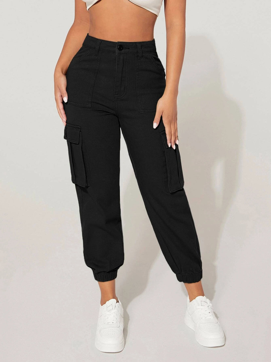 Plain High Waist Flap Pocket Cargo Jeans