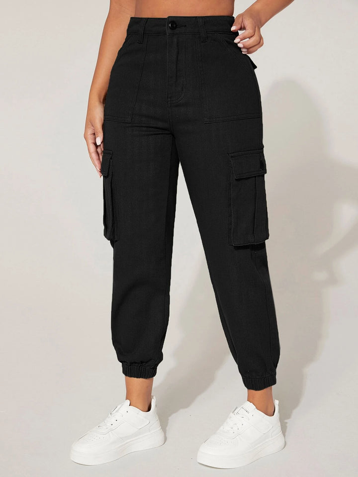 Plain High Waist Flap Pocket Cargo Jeans