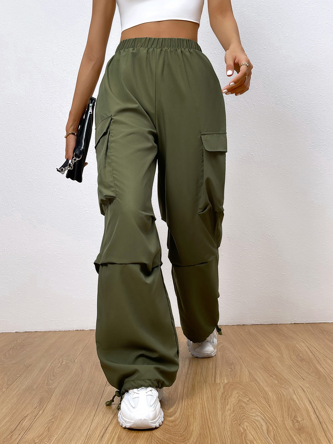 Flap Pocket Side Drawstring Hem Casual Cargo Pants