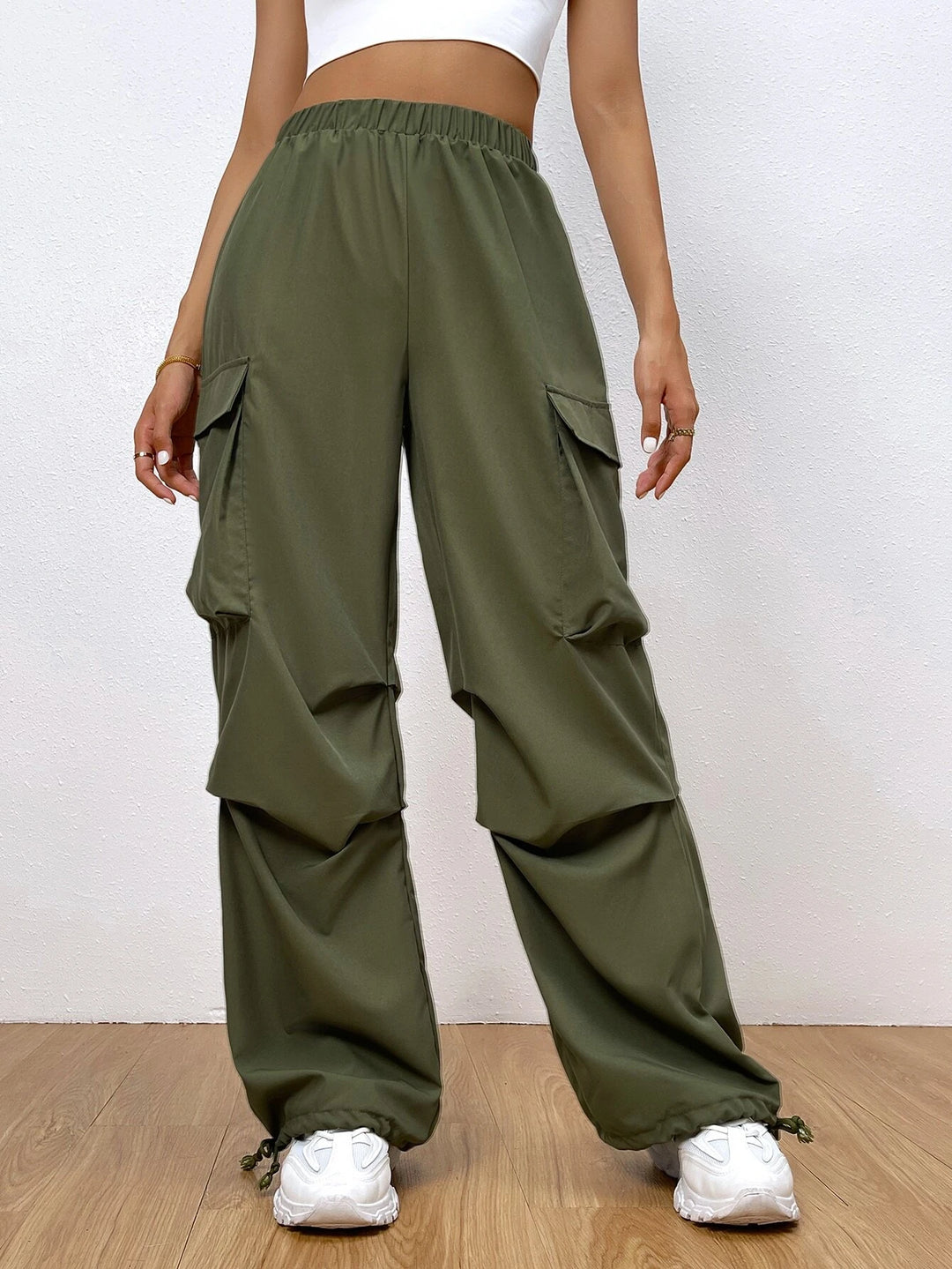 Flap Pocket Drawstring Hem Cargo Pants