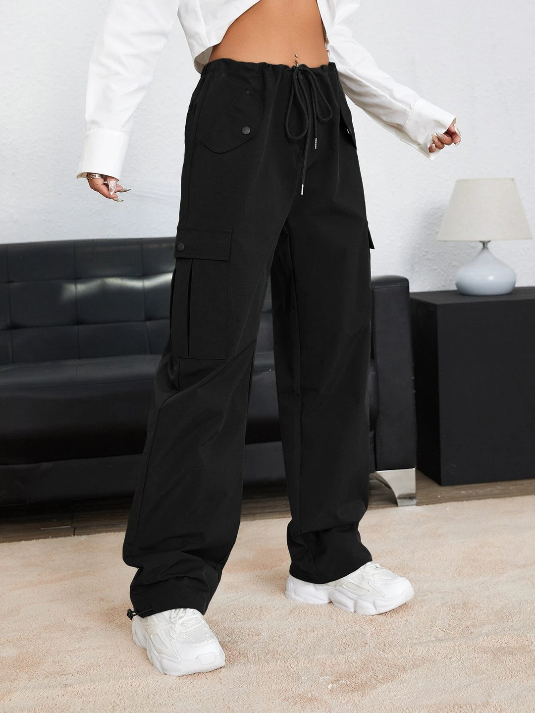 Drawstring Waist Plain Parachute Pants