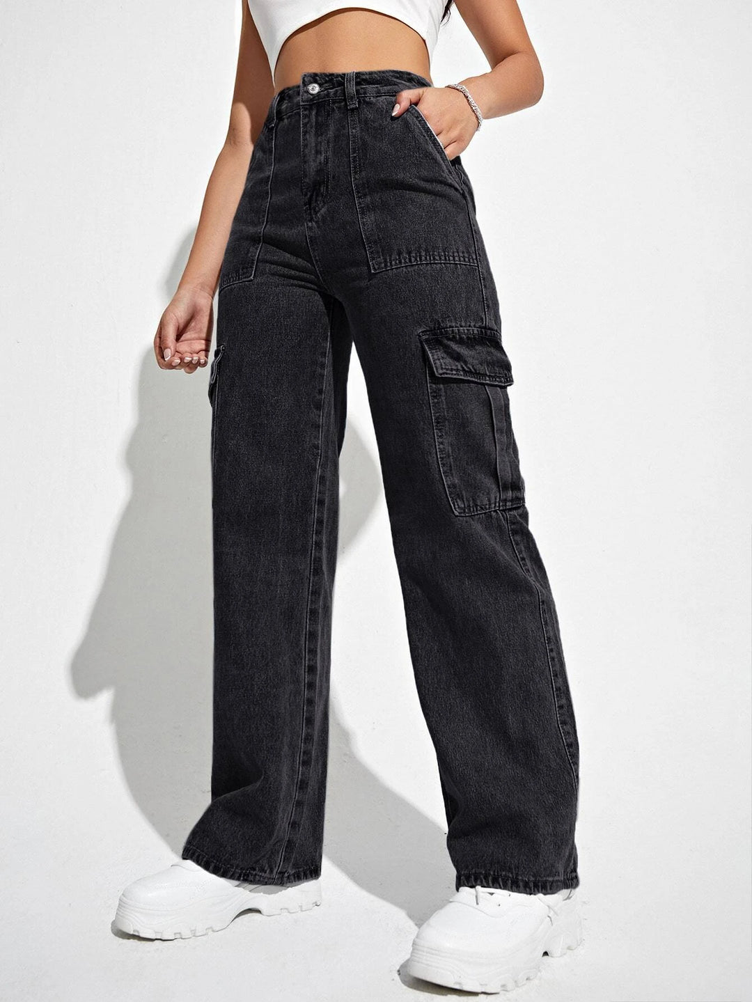 High Waisted Flap Pockets Cargo Jeans