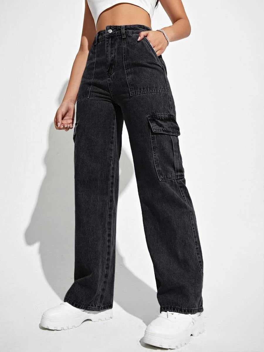 Denim High Waisted Flap Side Pocket Cargo Jeans