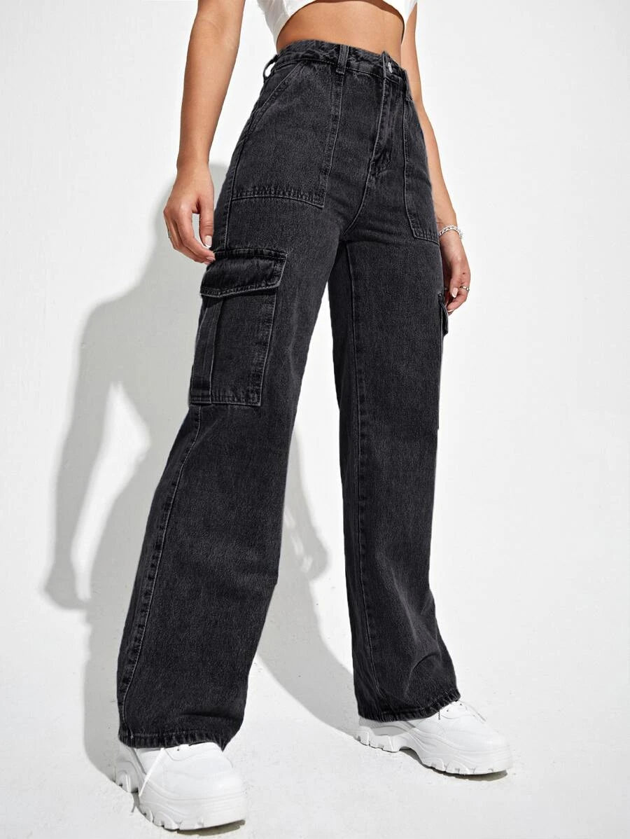 Denim High Waisted Flap Side Pocket Cargo Jeans