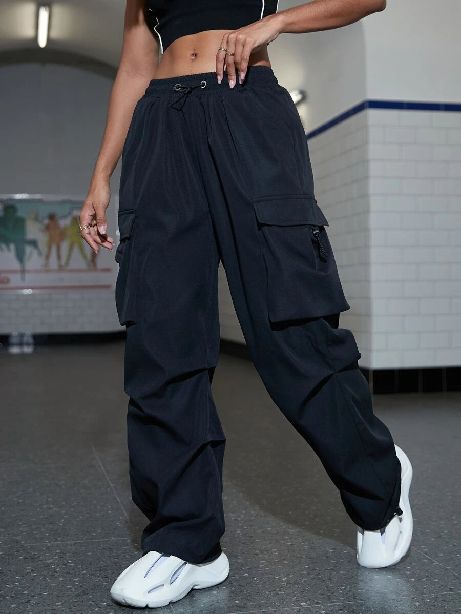 Hip Hop Flap Pocket Drawstring Waist Parachute Cargo Pants